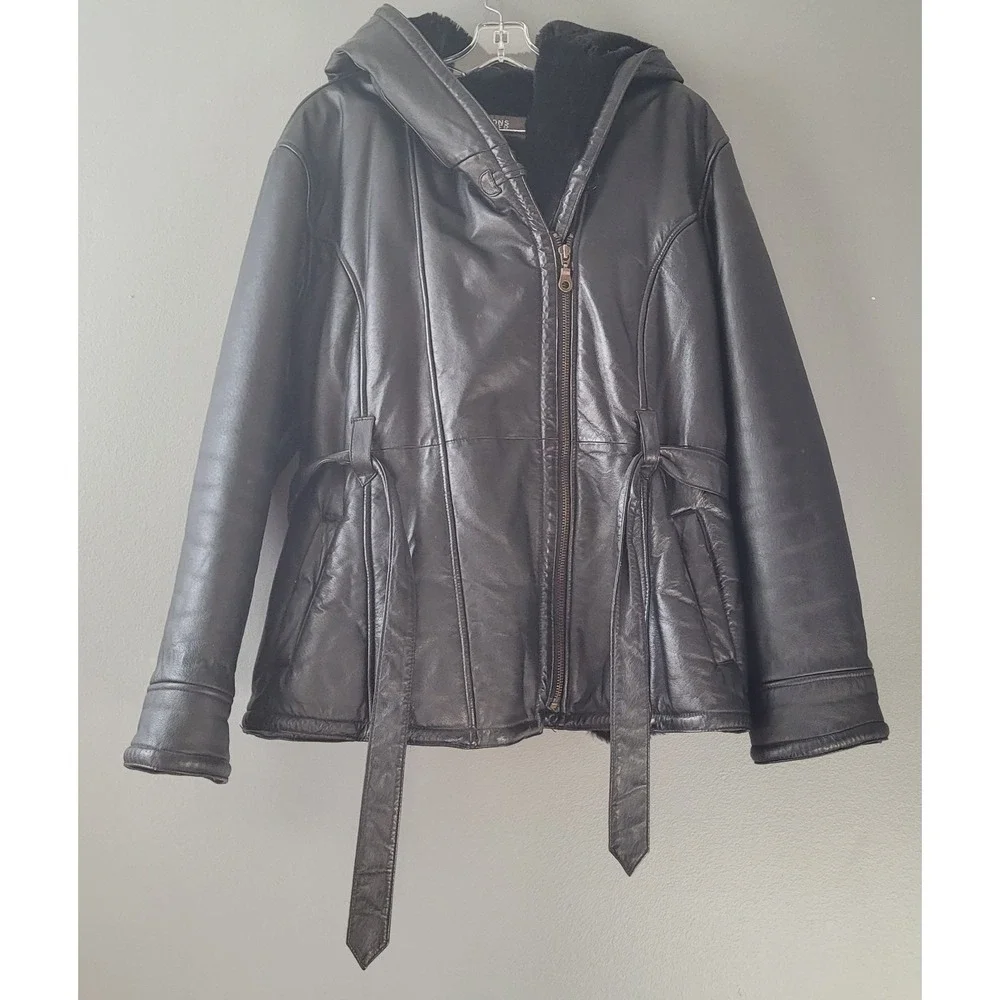 Wilsons Leather Women's Black Tie Waist Zipper Leather Faux Fur Coat Sz L W/Hood - Picture 5 of 14